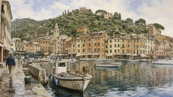 Portofino Promontory: Complete Guide 2 Original documentary watercolour of Portofino harbour and Piazzetta: public room at the water in Portofino Promontory · Liguria, showing accurate architecture, landscape, people and present-day use