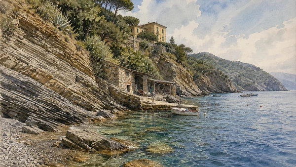 Portofino Promontory: Complete Guide 9 Original documentary watercolour of Punta Chiappa: geology, fishing and marine boundary in Portofino Promontory · Liguria, showing accurate architecture, landscape, people and present-day use