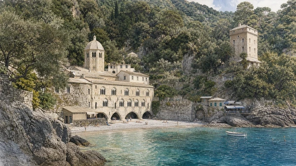 Portofino Promontory: Complete Guide 10 Original documentary watercolour of San Fruttuoso Abbey: monastery within a small bay in Portofino Promontory · Liguria, showing accurate architecture, landscape, people and present-day use