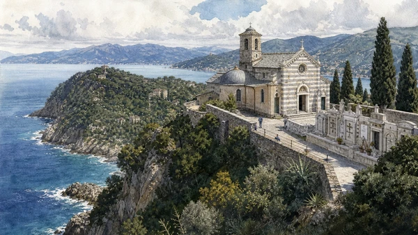 Portofino Promontory: Complete Guide 4 Original documentary watercolour of San Giorgio: ridge church and burial memory in Portofino Promontory · Liguria, showing accurate architecture, landscape, people and present-day use