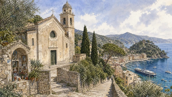 Portofino Promontory: Complete Guide 3 Original documentary watercolour of San Martino: parish history above the harbour in Portofino Promontory · Liguria, showing accurate architecture, landscape, people and present-day use