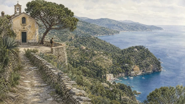 Portofino Promontory: Complete Guide 8 Original documentary watercolour of San Rocco and path thresholds: settlement above the sea in Portofino Promontory · Liguria, showing accurate architecture, landscape, people and present-day use