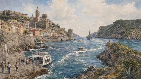 Original documentary watercolour of Gulf navigation: Portovenere as a transport threshold in Portovenere and islands · Liguria, showing accurate architecture, landscape, people and present-day use
