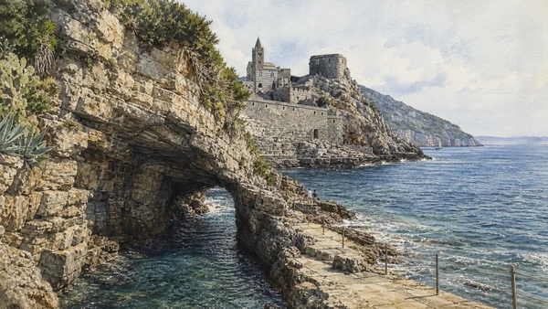 Original documentary watercolour of Arpaia cave and exposed coast: literature after geology in Portovenere and islands · Liguria, showing accurate architecture, landscape, people and present-day use