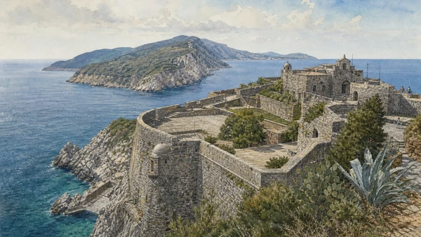 Original documentary watercolour of Doria Castle: control of harbour and islands in Portovenere and islands · Liguria, showing accurate architecture, landscape, people and present-day use