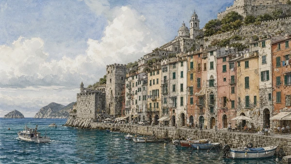 Original documentary watercolour of Harbour front: tall houses as urban wall in Portovenere and islands · Liguria, showing accurate architecture, landscape, people and present-day use