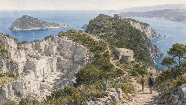 Original documentary watercolour of Palmaria: paths, quarries and military remains in Portovenere and islands · Liguria, showing accurate architecture, landscape, people and present-day use