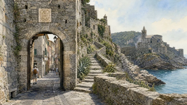 Original documentary watercolour of Historic gate and carrugio: controlled entry into the town in Portovenere and islands · Liguria, showing accurate architecture, landscape, people and present-day use