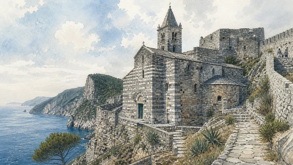 Original documentary watercolour of San Lorenzo: Romanesque church within the fortified slope in Portovenere and islands · Liguria, showing accurate architecture, landscape, people and present-day use