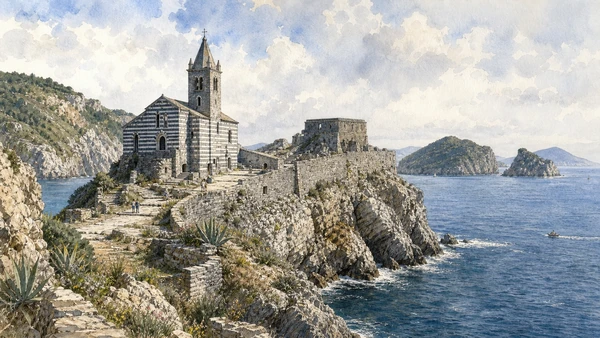 Original documentary watercolour of San Pietro: church on the headland in Portovenere and islands · Liguria, showing accurate architecture, landscape, people and present-day use