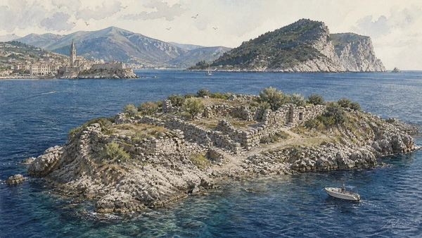 Original documentary watercolour of Tinetto: small island, major archaeological sensitivity in Portovenere and islands · Liguria, showing accurate architecture, landscape, people and present-day use