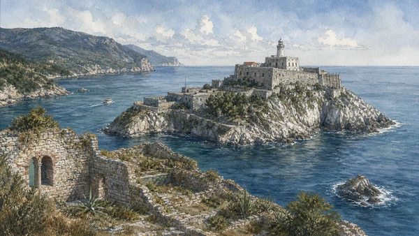 Original documentary watercolour of Tino: monastic memory within a military island in Portovenere and islands · Liguria, showing accurate architecture, landscape, people and present-day use