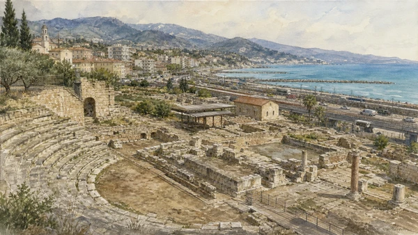 Original documentary watercolour of Roman Albintimilium: archaeology beside modern Ventimiglia in Sanremo and Western Riviera · Liguria, showing accurate architecture, landscape, people and present-day use