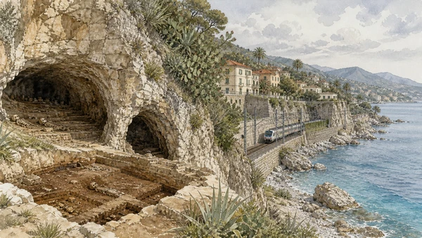 Original documentary watercolour of Balzi Rossi: caves, burials and border archaeology in Sanremo and Western Riviera · Liguria, showing accurate architecture, landscape, people and present-day use