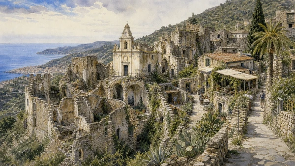Original documentary watercolour of Bussana Vecchia: earthquake ruin and later community in Sanremo and Western Riviera · Liguria, showing accurate architecture, landscape, people and present-day use