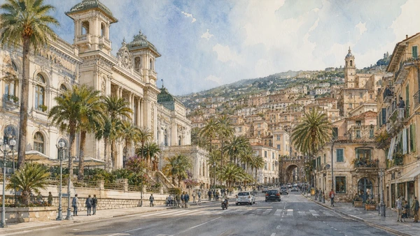 Original documentary watercolour of Casino, Corso Matteotti and resort urbanism in Sanremo and Western Riviera · Liguria, showing accurate architecture, landscape, people and present-day use