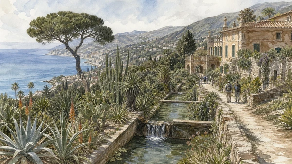 Original documentary watercolour of Hanbury Gardens: acclimatisation, collecting and protected landscape in Sanremo and Western Riviera · Liguria, showing accurate architecture, landscape, people and present-day use