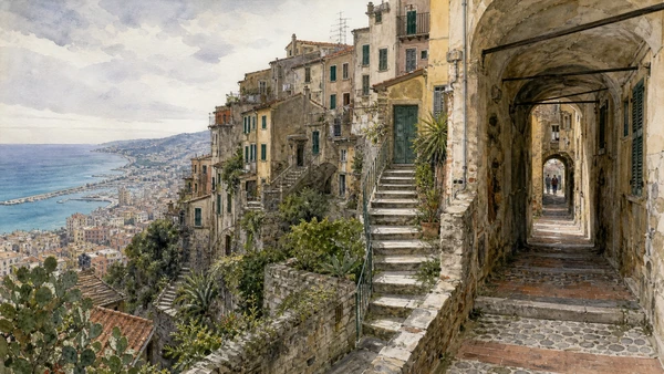 Original documentary watercolour of La Pigna: the compact town behind the resort façade in Sanremo and Western Riviera · Liguria, showing accurate architecture, landscape, people and present-day use