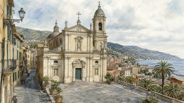 Original documentary watercolour of San Siro and the civic religious centre in Sanremo and Western Riviera · Liguria, showing accurate architecture, landscape, people and present-day use