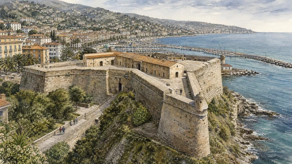 Original documentary watercolour of Forte Santa Tecla: Genoese control at the harbour in Sanremo and Western Riviera · Liguria, showing accurate architecture, landscape, people and present-day use