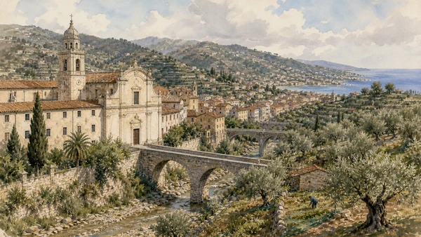 Original documentary watercolour of Taggia and the Argentina valley: convent, bridges and olive landscape in Sanremo and Western Riviera · Liguria, showing accurate architecture, landscape, people and present-day use