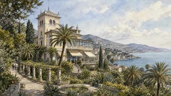 Original documentary watercolour of Villa Nobel: science, residence and museum display in Sanremo and Western Riviera · Liguria, showing accurate architecture, landscape, people and present-day use