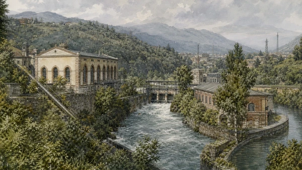 Original documentary watercolour of Adda landscape: water, power and industrial territory in Bergamo and the Adda · Lombardy, showing accurate architecture, landscape, people and present-day use
