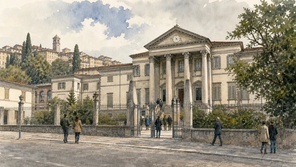 Original documentary watercolour of Accademia Carrara: collection, school and civic museum in Bergamo and the Adda · Lombardy, showing accurate architecture, landscape, people and present-day use