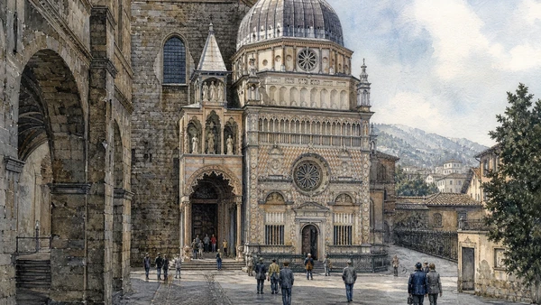Original documentary watercolour of Colleoni Chapel: mercenary power beside the basilica in Bergamo and the Adda · Lombardy, showing accurate architecture, landscape, people and present-day use