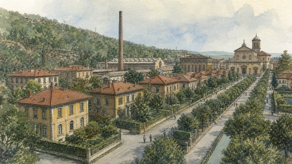 Original documentary watercolour of Crespi d'Adda: company village as a complete system in Bergamo and the Adda · Lombardy, showing accurate architecture, landscape, people and present-day use