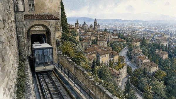 Original documentary watercolour of The funiculars: infrastructure across a vertical city in Bergamo and the Adda · Lombardy, showing accurate architecture, landscape, people and present-day use