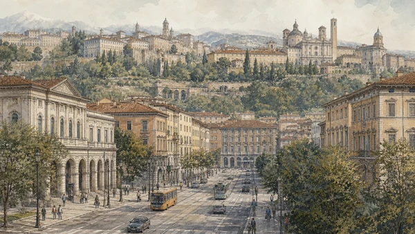 Original documentary watercolour of Bergamo Bassa: the modern city below the walls in Bergamo and the Adda · Lombardy, showing accurate architecture, landscape, people and present-day use