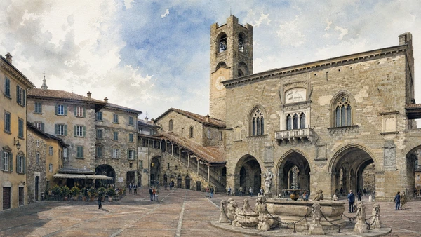 Original documentary watercolour of Piazza Vecchia: communal government in a civic room in Bergamo and the Adda · Lombardy, showing accurate architecture, landscape, people and present-day use