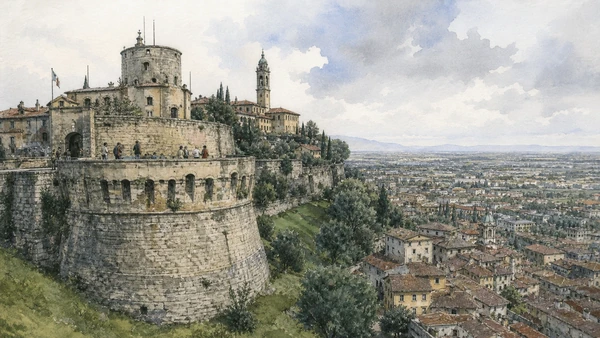 Original documentary watercolour of Rocca and Campanone views: terrain as historical evidence in Bergamo and the Adda · Lombardy, showing accurate architecture, landscape, people and present-day use