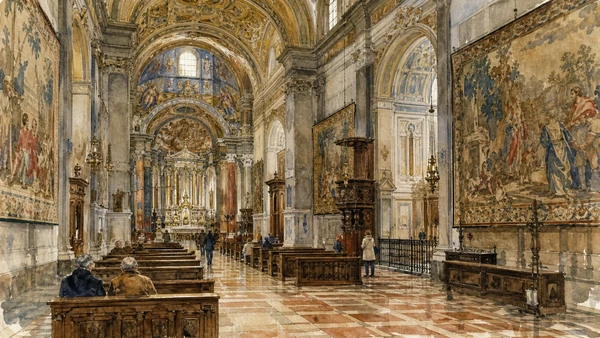 Original documentary watercolour of Santa Maria Maggiore: civic basilica and changing interior in Bergamo and the Adda · Lombardy, showing accurate architecture, landscape, people and present-day use