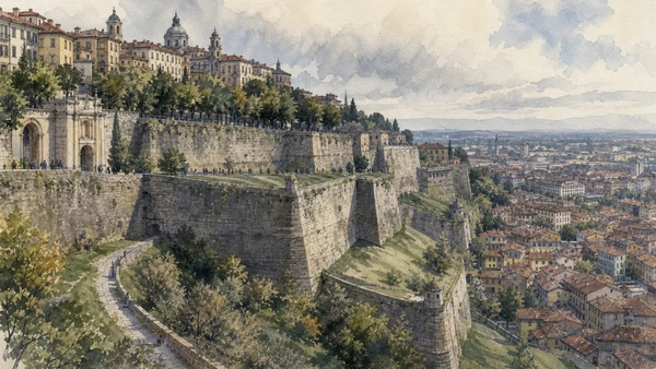 Original documentary watercolour of Venetian Walls: defence around the upper city in Bergamo and the Adda · Lombardy, showing accurate architecture, landscape, people and present-day use