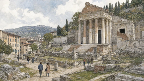 Original documentary watercolour of Capitolium and Roman Brixia: public architecture below the city in Brescia, the lakes and Valcamonica · Lombardy, showing accurate architecture, landscape, people and present-day use
