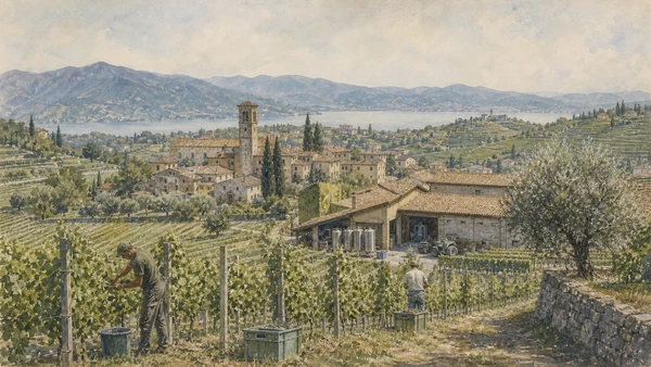 Original documentary watercolour of Franciacorta: regulated wine landscape, not generic countryside in Brescia, the lakes and Valcamonica · Lombardy, showing accurate architecture, landscape, people and present-day use