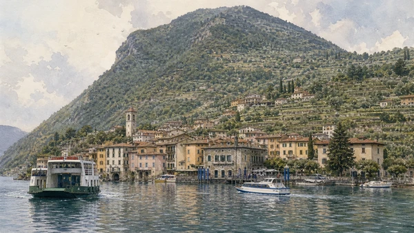 Original documentary watercolour of Lake Iseo and Monte Isola: navigation to an inhabited island in Brescia, the lakes and Valcamonica · Lombardy, showing accurate architecture, landscape, people and present-day use