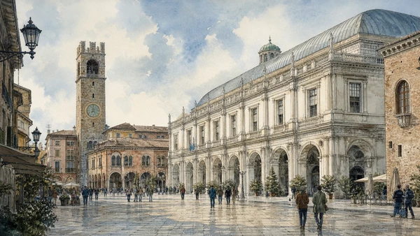 Original documentary watercolour of Piazza della Loggia: Venetian civic representation and memory in Brescia, the lakes and Valcamonica · Lombardy, showing accurate architecture, landscape, people and present-day use
