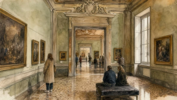 Original documentary watercolour of Pinacoteca Tosio Martinengo: Brescia's school and civic collecting in Brescia, the lakes and Valcamonica · Lombardy, showing accurate architecture, landscape, people and present-day use