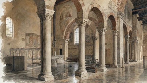 Original documentary watercolour of San Salvatore: Lombard church within the UNESCO complex in Brescia, the lakes and Valcamonica · Lombardy, showing accurate architecture, landscape, people and present-day use