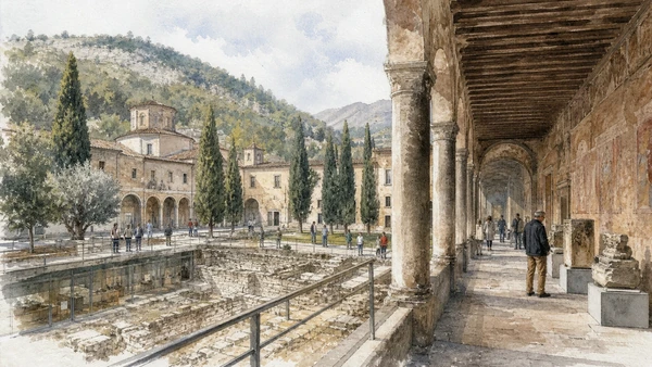 Original documentary watercolour of Santa Giulia Museum: monastery and city history in Brescia, the lakes and Valcamonica · Lombardy, showing accurate architecture, landscape, people and present-day use