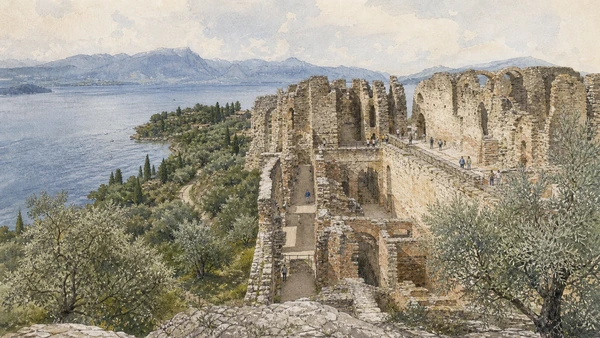 Original documentary watercolour of Sirmione and the Grotte di Catullo: Roman villa on a lake promontory in Brescia, the lakes and Valcamonica · Lombardy, showing accurate architecture, landscape, people and present-day use