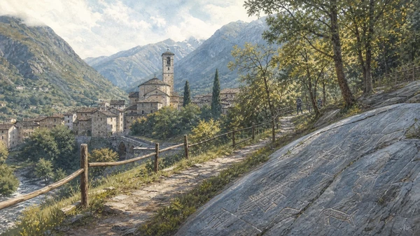 Original documentary watercolour of Valcamonica rock art: millennia of marks in landscape in Brescia, the lakes and Valcamonica · Lombardy, showing accurate architecture, landscape, people and present-day use