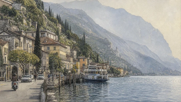 Original documentary watercolour of Western Garda shore: towns, citrus structures and constrained movement in Brescia, the lakes and Valcamonica · Lombardy, showing accurate architecture, landscape, people and present-day use
