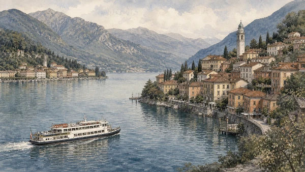 Original documentary watercolour of Bellagio and Varenna: two hubs, not one postcard in Lake Como, Lecco, Monza and Brianza · Lombardy, showing accurate architecture, landscape, people and present-day use