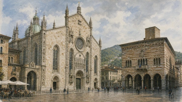 Original documentary watercolour of Como Cathedral and Broletto: sacred and communal centre in Lake Como, Lecco, Monza and Brianza · Lombardy, showing accurate architecture, landscape, people and present-day use
