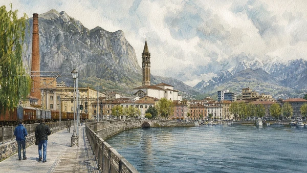 Original documentary watercolour of Lecco: industry, lake and Alpine gateway in Lake Como, Lecco, Monza and Brianza · Lombardy, showing accurate architecture, landscape, people and present-day use