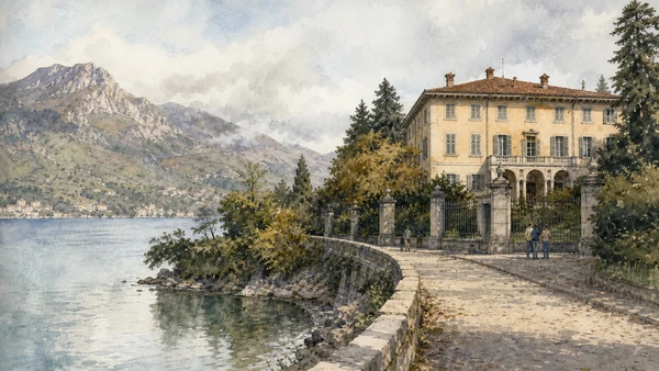 Original documentary watercolour of Manzoni's Lecco: literature anchored to documented places in Lake Como, Lecco, Monza and Brianza · Lombardy, showing accurate architecture, landscape, people and present-day use